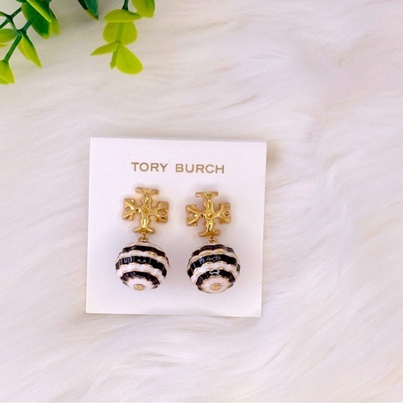 Tory Burch Gold and Black Striped Drop Earrings